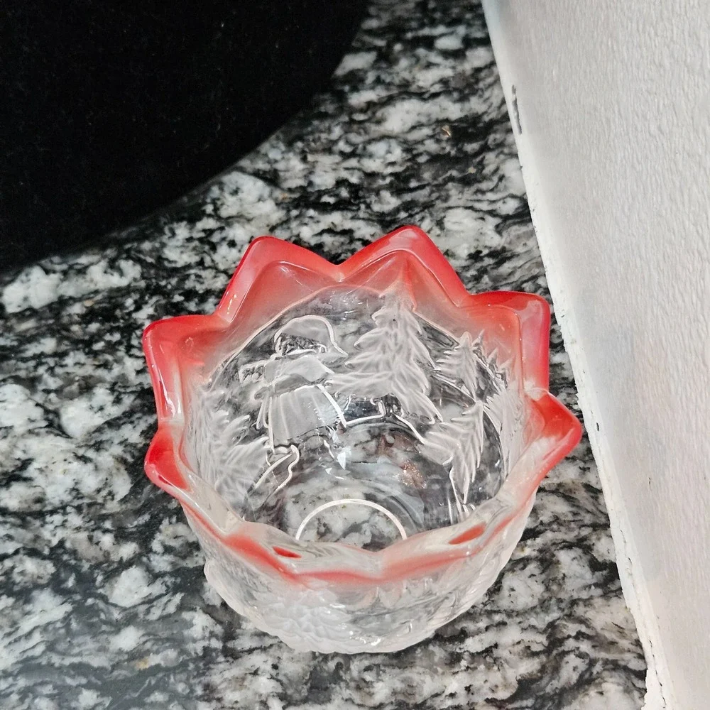 Vintage Red Trimmed Frosted Glass Candle Holder Winter‎ Scene Christmas Decor